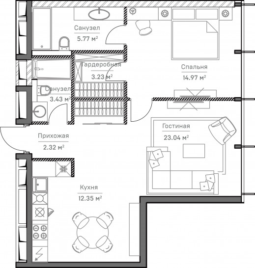 Двухкомнатная квартира 63 м²