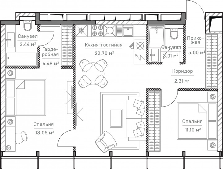 Трёхкомнатная квартира 65 м²