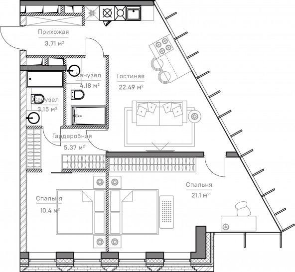 Трёхкомнатная квартира 70 м²