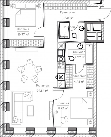 Трёхкомнатная квартира 73 м²