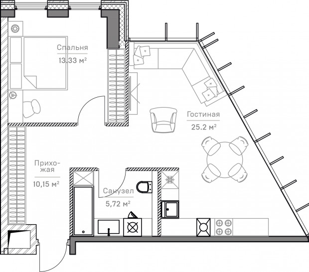 Двухкомнатная квартира 54 м²