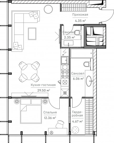 Двухкомнатная квартира 59 м²