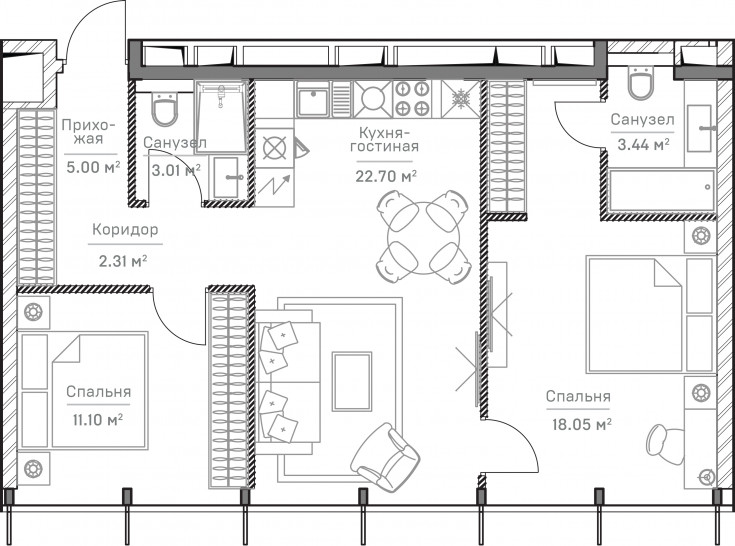 Трёхкомнатная квартира 67 м²