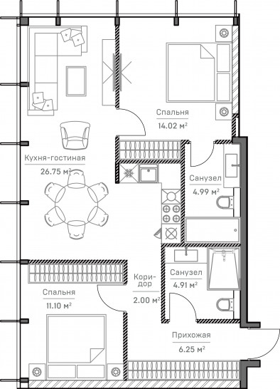 Трёхкомнатная квартира 68 м²