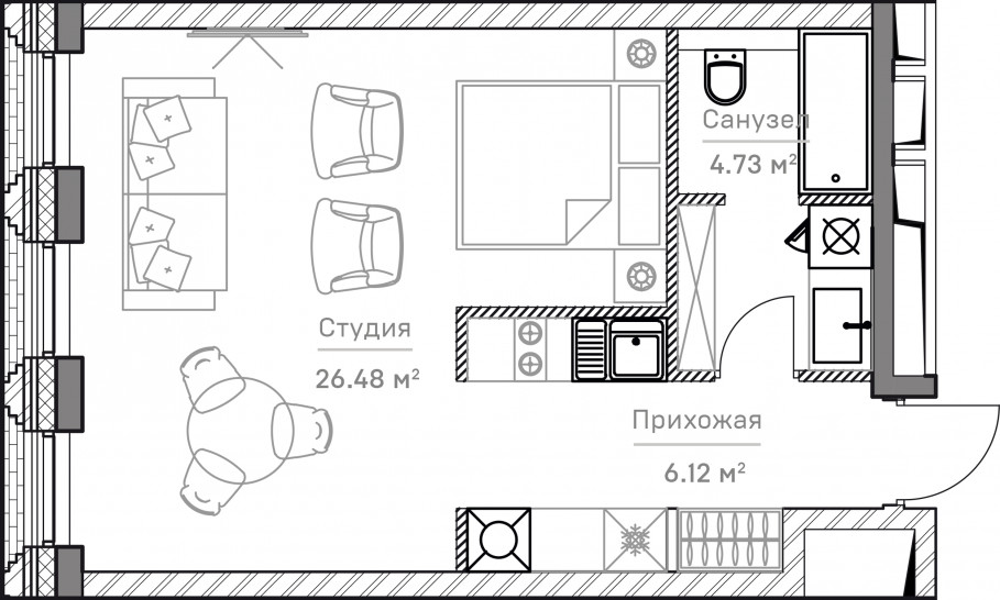 Однокомнатная квартира 37 м²