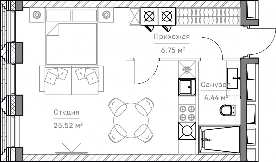 Однокомнатная квартира 37 м²