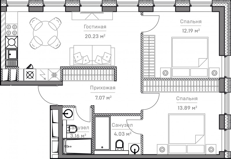 Трёхкомнатная квартира 61 м²